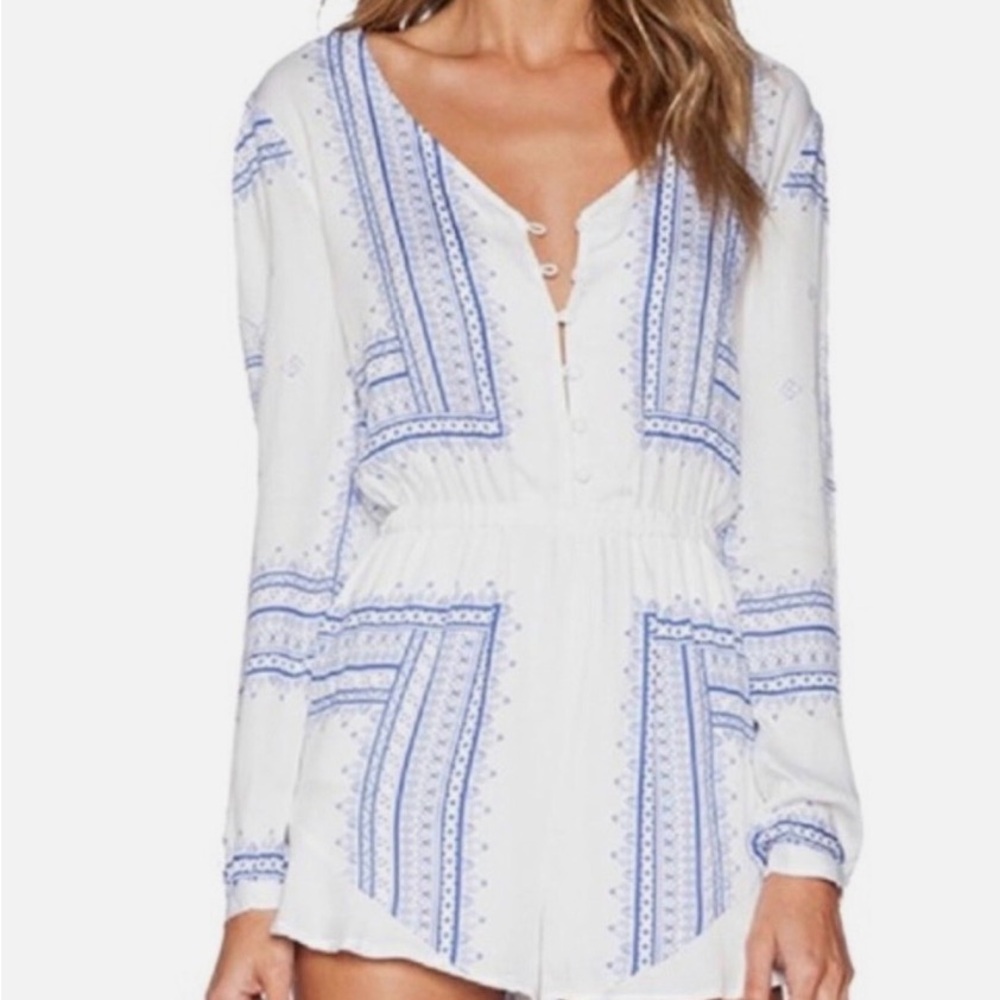 Revolve The Jetset Dairies White Romper with Blue Embroidered Border